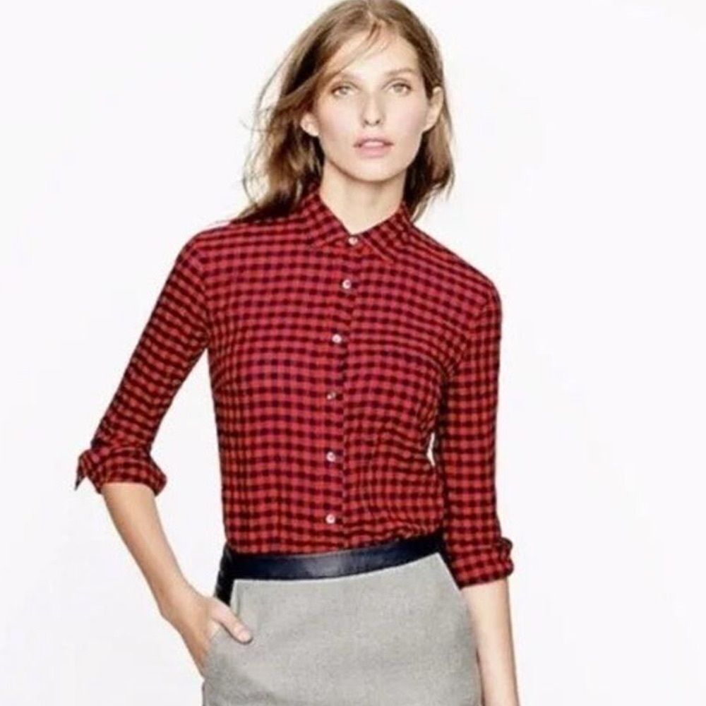 J. Crew Crinkle Boy Shirt Buffalo Check Plaid Red & Navy Size 6 Cotton Lightweig